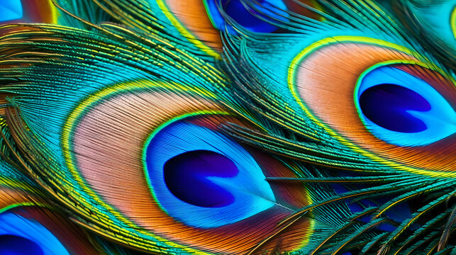 background of luxurious peacock tail feathers close up