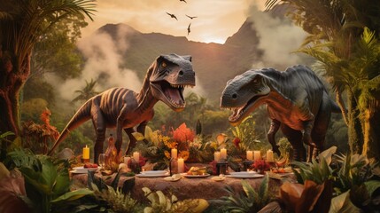 a prehistoric dinosaur birthday party with dinosaur decorations, jungle foliage, and a volcano backdrop. 