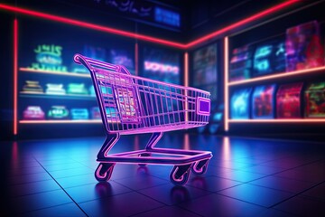 Digital shopping delight. Neon lit online store. E commerce revolution. Brighten cart with light. Tech savvy. Storefront experience