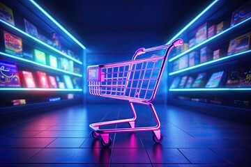 Digital shopping delight. Neon lit online store. E commerce revolution. Brighten cart with light. Tech savvy. Storefront experience