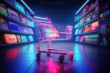 Digital shopping delight. Neon lit online store. E commerce revolution. Brighten cart with light. Tech savvy. Storefront experience