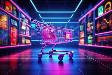 Digital shopping delight. Neon lit online store. E commerce revolution. Brighten cart with light. Tech savvy. Storefront experience - obrazy, fototapety, plakaty