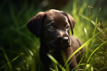 Kleiner schwarzer Labrador, Hund, Welpe in hohem Gras, Generative AI, KI