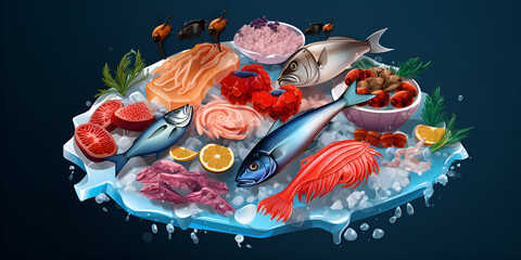 Seafood in cartoon style. Seafood platter set squid, cuttlefish, crab, shrimp, spiny lobster, flounder fish, sprat on ice cubes  on  background AI Generative - obrazy, fototapety, plakaty