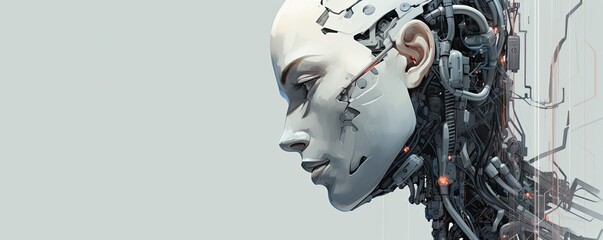Banner female robot face, artificial intelligence concept.