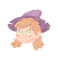 Cute little witch girl, Halloween. A girl in a purple witch's hat, with curly hair and green eyes. Hand drawn style and doodle. Can be used as a sticker, mascot, character.