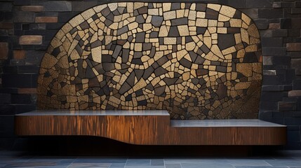A mosaic podium positioned against a textured stone wall for contrast.