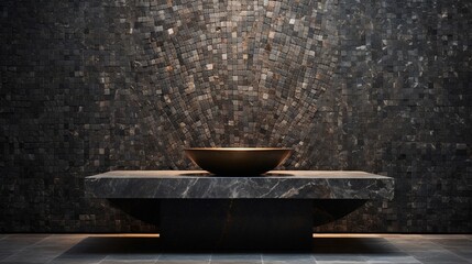A mosaic podium positioned against a textured stone wall for contrast.