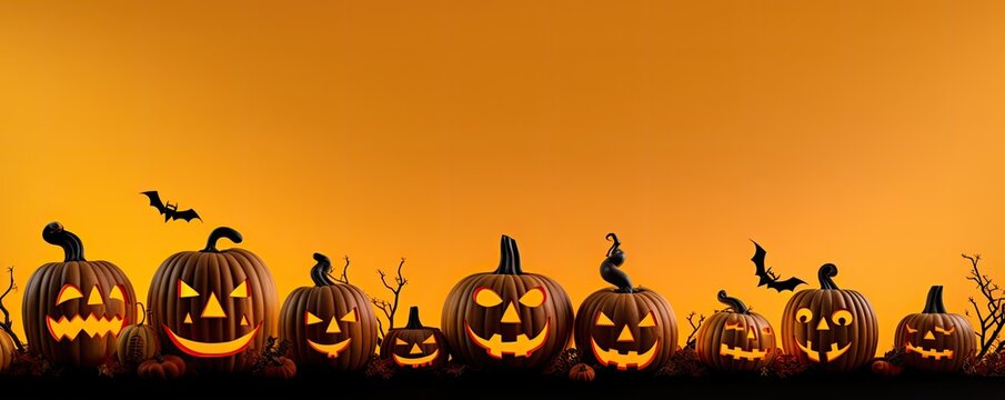 Banner spooky halloween pumpkin decorations on orange background.
