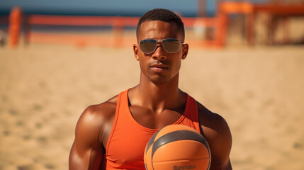 Young athletic male playing beach volleyball