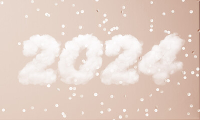 2024 cloud shapes new year celebration festive sign 3d rendering. Greeting text template background