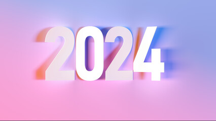 Happy new year 2024 celebration minimal festive corporate style banner template. 3d rendering 2024 text paper sign on pink blue gradient