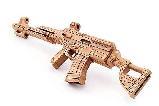 Wooden toy machine gun for children military game isolated on white
