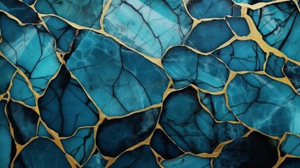 abstract background blue marble agate granite mosaic with golden veins, japanese kintsugi technique, fake painted artificial stone texture, marbled surface, digital marbling illustration - obrazy, fototapety, plakaty