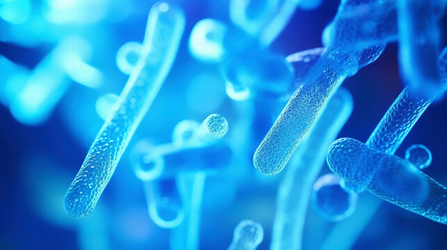 Beautiful electronic microscopy of bacteria, fungi fantasy microbiology in blue tones. Microscopic life. Generative AI 