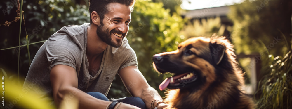 Poster happy man and his dog outdoors in the summer