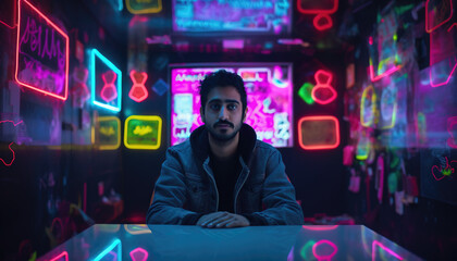 man sitting at the empty table in a small room full of neon signs
