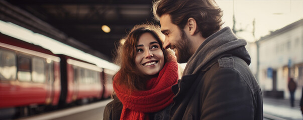 Obraz premium Happy young couple waiting on the train station, traveling to their vacation. Active lifestyle concept