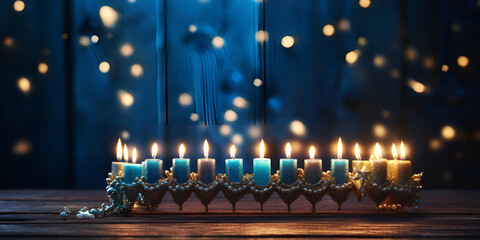  Night Lit Candles And Glowing Particles Background , Burning blue candles on a Jewish menorah at Hanukkah with glittering bokeh string lights  Ai Generative - obrazy, fototapety, plakaty