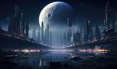 Photo of a futuristic cityscape with a stunning giant moon in the backdrop - obrazy, fototapety, plakaty