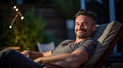 Obraz premium Relaxed man sits in a chair in the backyard of his home