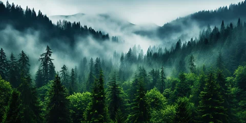 Photo sur Plexiglas Paysage fantastique Misty mountain landscape with fir forest in vintage retro style. Generative AI