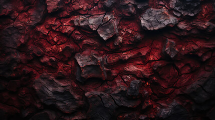 Charred wood bark red texture. Detailed macro close-up view of tree burned scratched cork background. Generative AI - obrazy, fototapety, plakaty