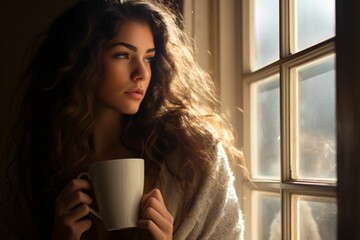Beautiful girl next to the window holding white coffee mug 11 oz, white porcelain mug mock up - obrazy, fototapety, plakaty