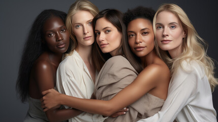 Obraz premium Cheerful women of different nationalities and ages standing together in studio