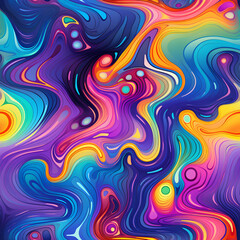 Fototapeta na wymiar Seamless psychedelic rainbow ridged topological map pattern background texture. Trippy hippy abstract wavy swirls. Bright colorful neon retro wallpaper backdrop. Generative AI