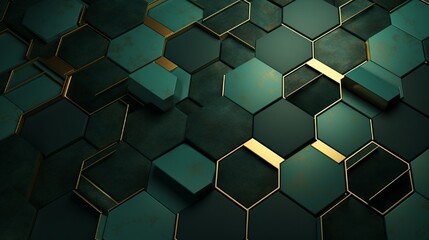 Geometric abstraction of hexagons in green tones on a raised background with gold elements