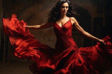 a Spanish Flamenco dancer, in a striking red dress, her intense turn causing the layers of her...