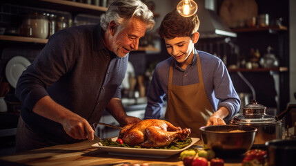 Man teaches his grandkid how to cook a Thanksgiving turkey - obrazy, fototapety, plakaty