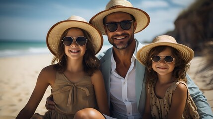 A Father with His Son and Daughter against a Summer Beach Backdrop