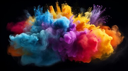 Multicolor powder explosion on black background. Colored cloud. Colorful dust explode. Paint Holi