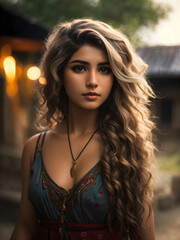 Fototapeta premium Portrait of a gypsy woman with blonde long hair in the hidden village. Gypsy people. Diversity.