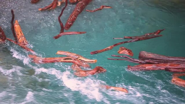 The flow of water carries the logs into the funnel. A stormy river washes away a forest, a flood.