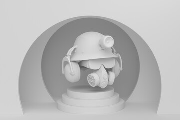 Abstract scene or podium with helmet, headphones and gas mask on monochrome
