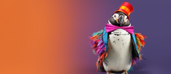 Cheerful happy penguine animals dressed as clowns on a colorful background. Wide images, with cop text space. Generative AI