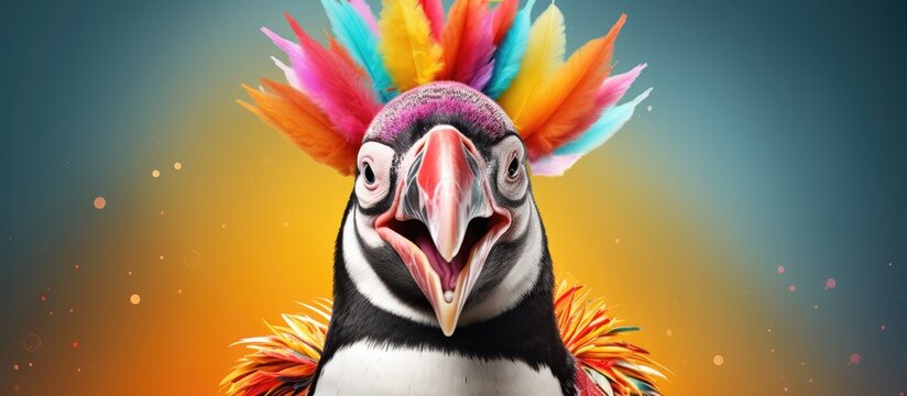 Cheerful happy penguine animals dressed as clowns on a colorful background. Wide images, with cop text space. Generative AI