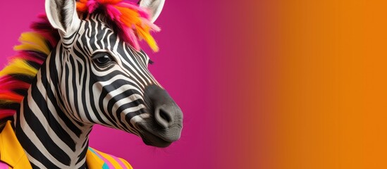 Fototapeta na wymiar Cheerful happy zebra animals dressed as clowns on a colorful background. Wide images, with cop text space. Generative AI