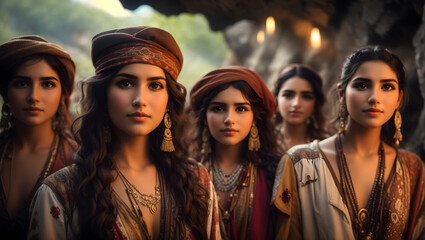 Group of gypsy people in the cave at night. Diversity concept. 