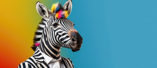Cheerful happy zebra animals dressed as clowns on a colorful background. Wide images, with cop text space. Generative AI