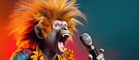 Cheerful happy monkey animals dressed as clowns on a colorful background. Wide images, with cop text space. Generative AI