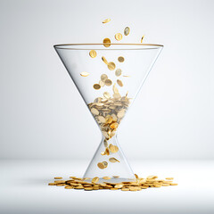 Pièces de monnaie en or qui tombent dans un sablier en forme d'entonnoir en verre, fond blanc
