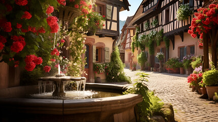 Fontaine dans la rue d'un village alsacien traditionnel avec maisons à colombages et géraniums - obrazy, fototapety, plakaty