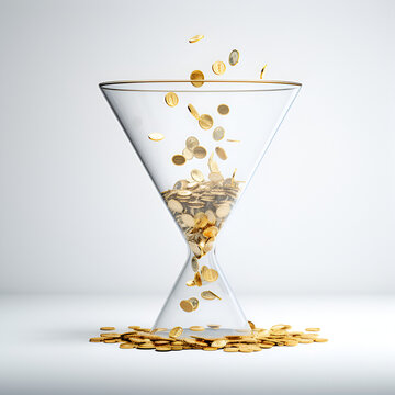 Pi&egrave;ces de monnaie en or qui tombent dans un sablier en forme d'entonnoir en verre, fond blanc