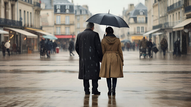Couple de personnes marchant sous la pluie avec un parapluie dans le centre-ville d'une ville fran&ccedil;aise