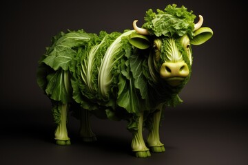 Cow made of lettuce on a dark background. Vegetarian or vegan cow, beef made out of lettuce , banner for Vegetarian Week