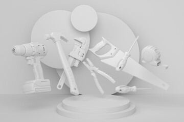 Abstract scene or podium with carpenters tools on monochrome background